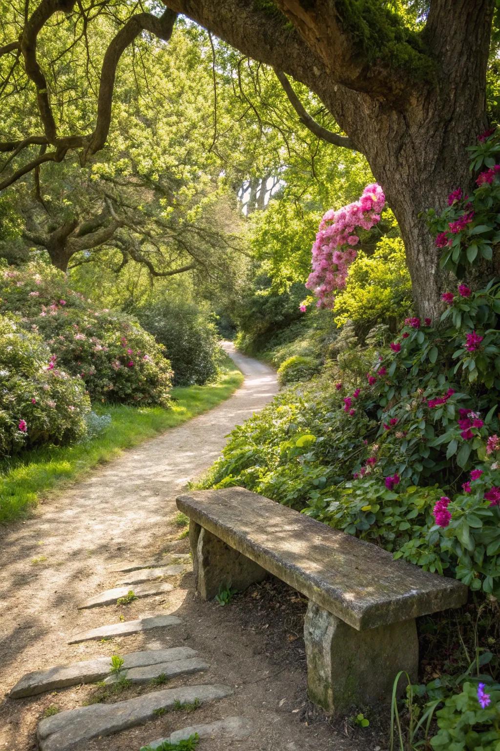 Find your tranquil escape with a stone bench tucked beneath the trees.