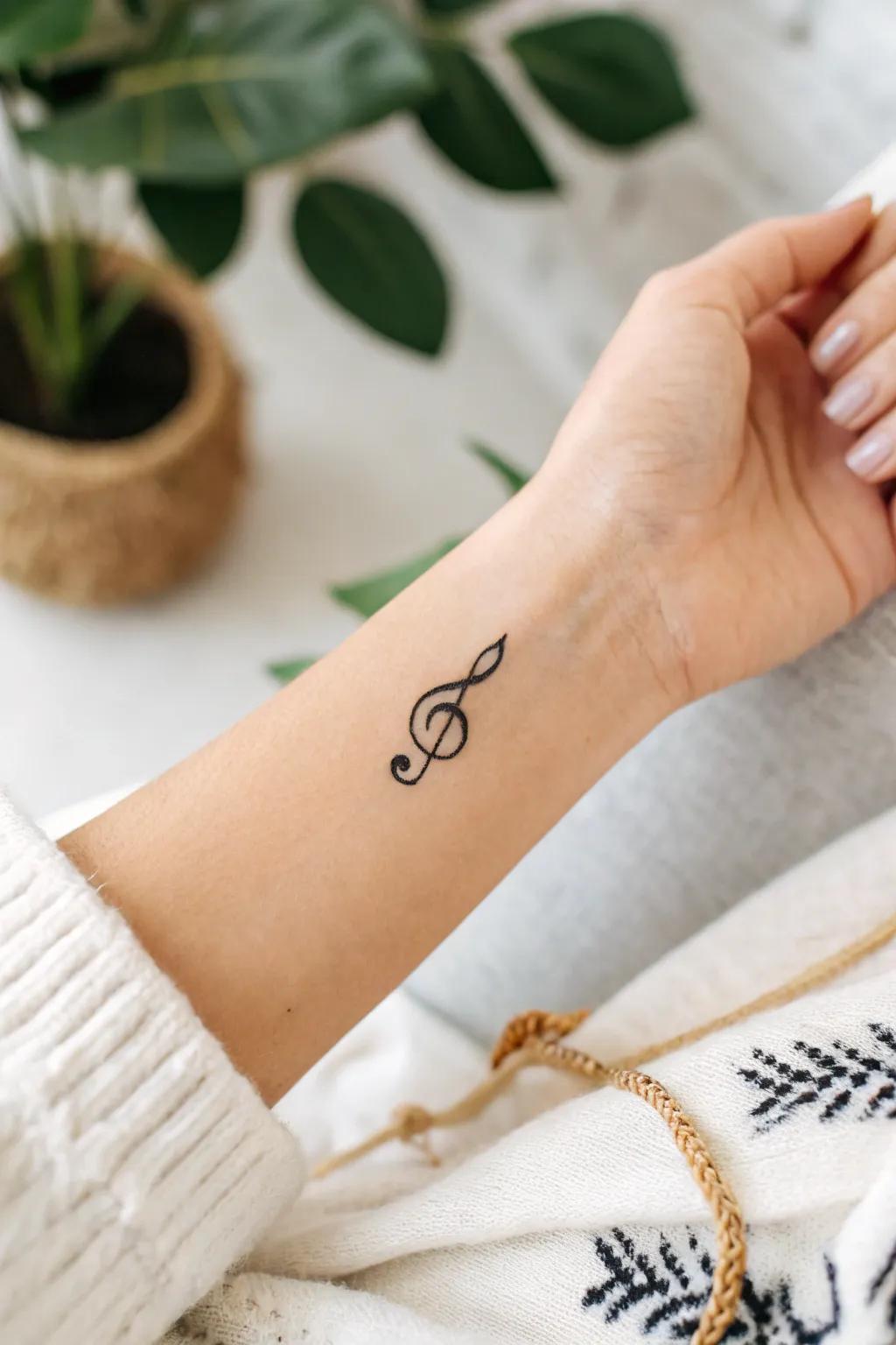 Carry a tune on your wrist with a minimalist musical note tattoo, perfect for music lovers embracing simplicity and elegance.