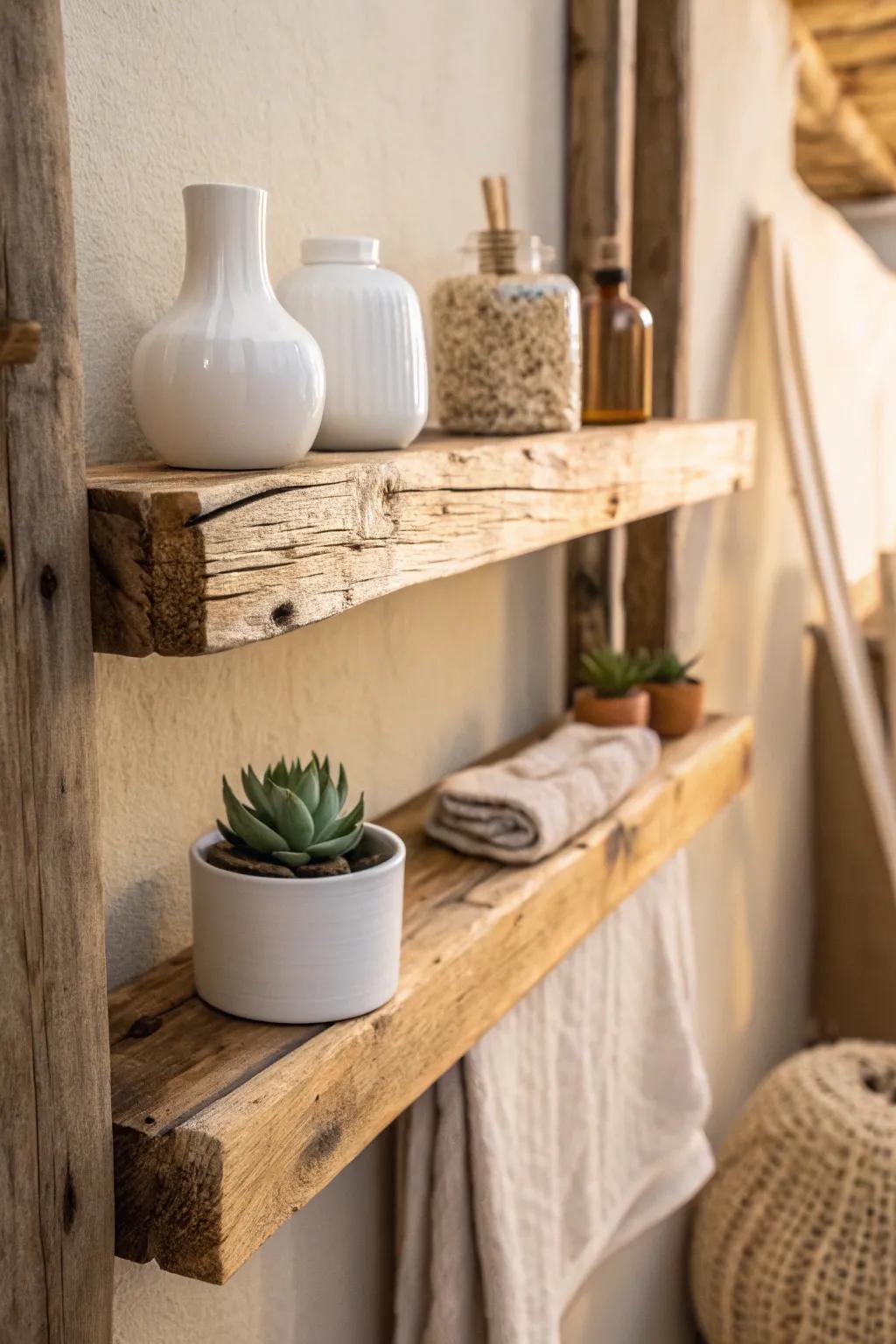 Elevate your space with the cozy charm of handcrafted rustic wood shelving.