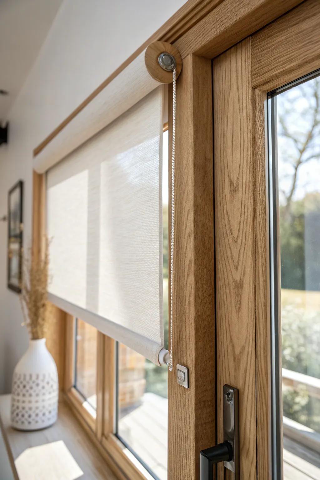 A slim in-frame roller shade keeps door lines clean while adding soft, modern privacy.