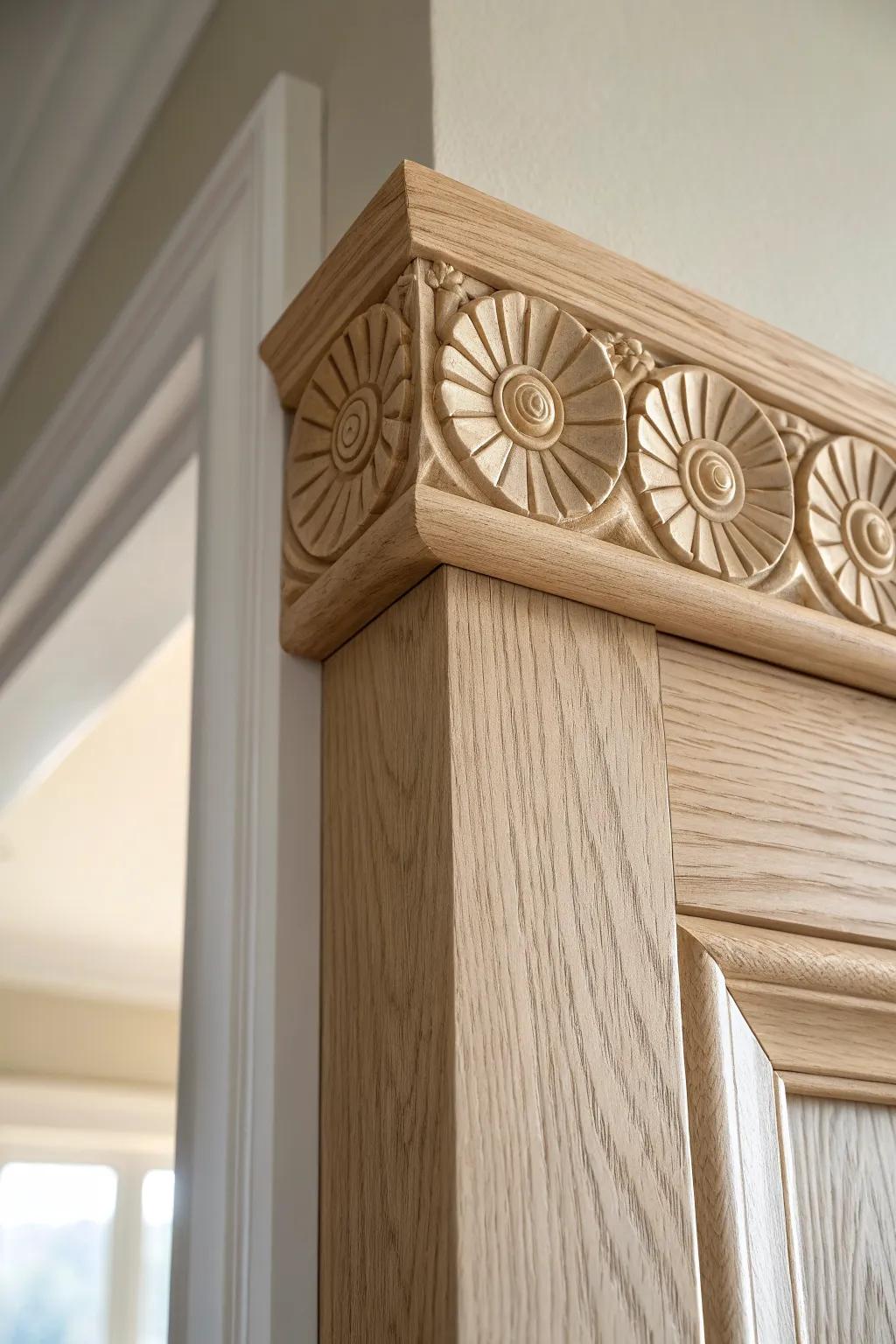 Rosette corner blocks add vintage charm to doorway moulding—no perfect miters required.