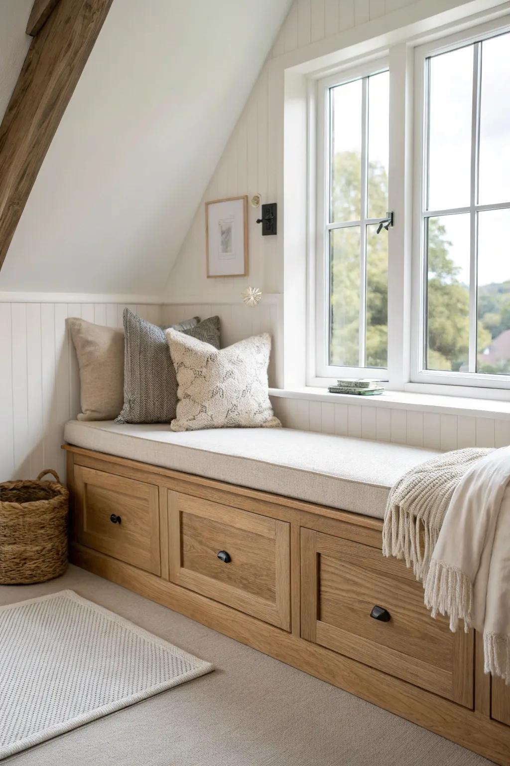 A cozy dormer window seat with lift-top storage—beautiful woodwork that hides clutter.