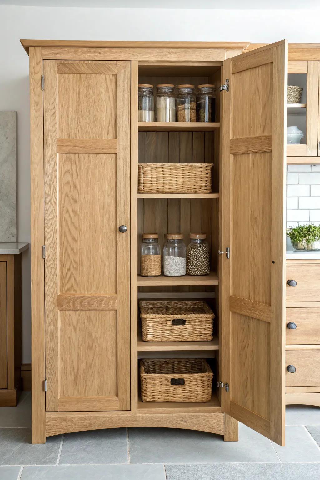 Upcycled armoire pantry: double doors, adjustable shelves, and warm oak charm—built-in look, movable.