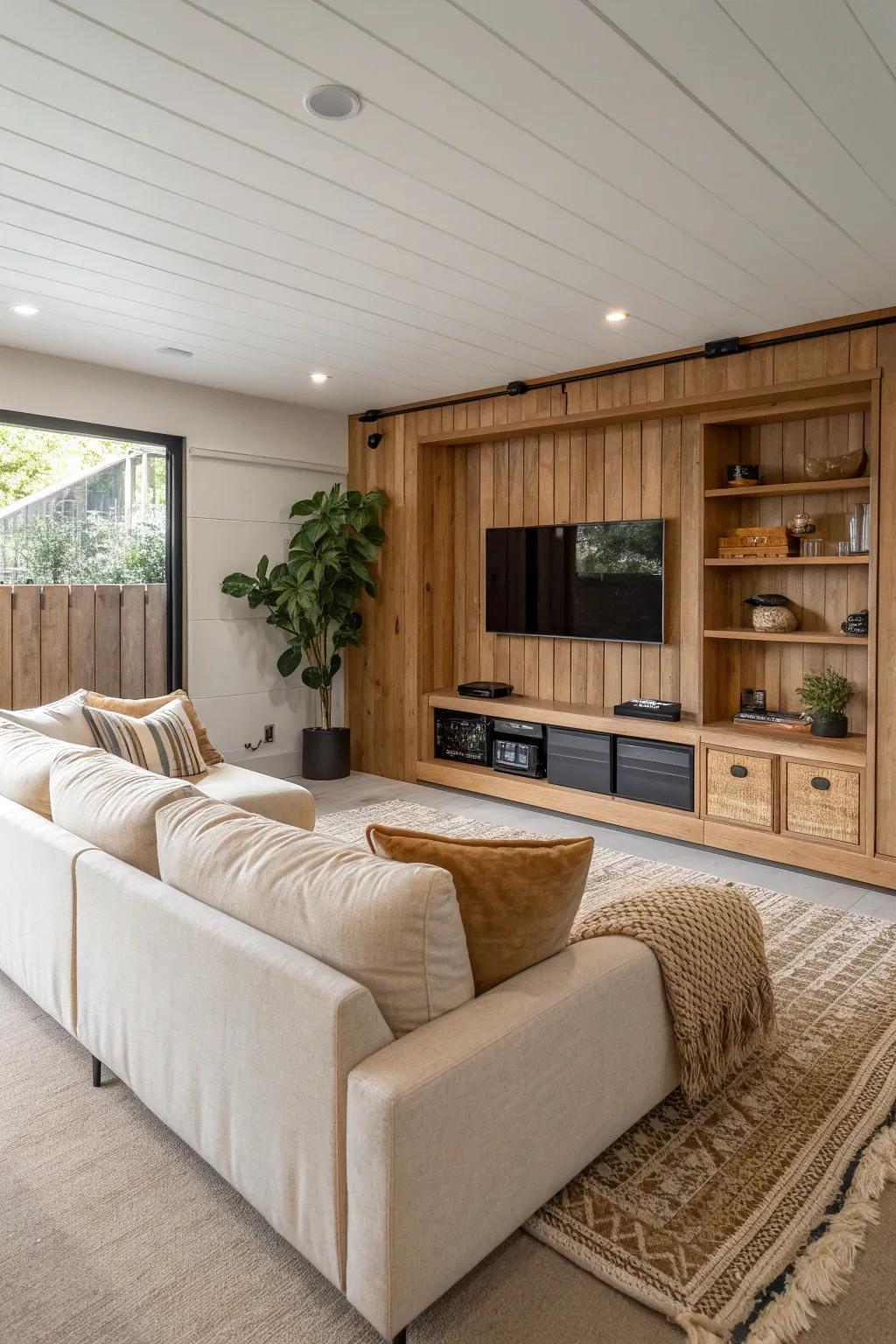 Cozy garage-to-movie lounge with an oak slat media wall and hidden storage for tech clutter.