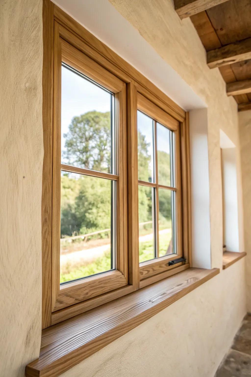 Thicker, straight oak casings give double windows a bold, intentional look—clean and timeless.