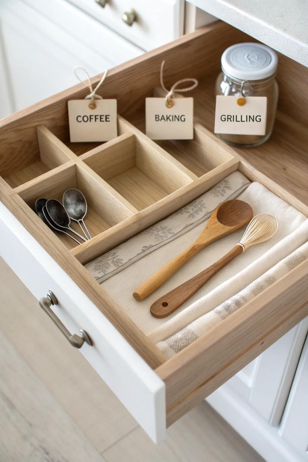 Set up drawer zones by task—coffee, baking, grilling—so everything you need is in one place.
