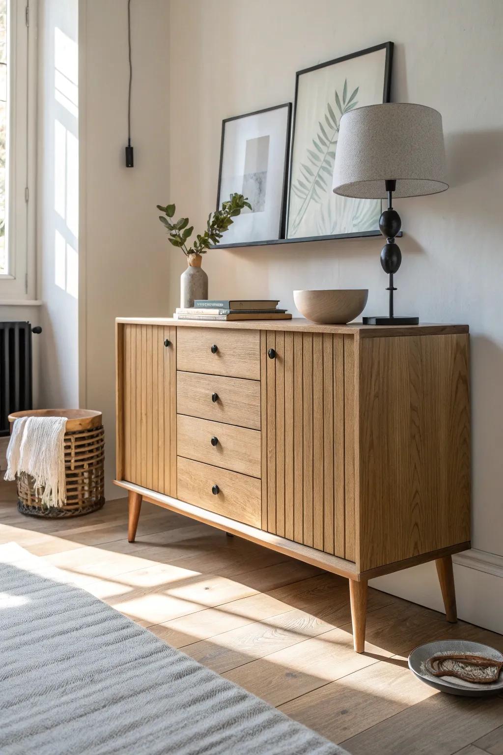 A modular sideboard cabinet: closed storage, lighter than a dresser, with warm reclaimed-wood doors.