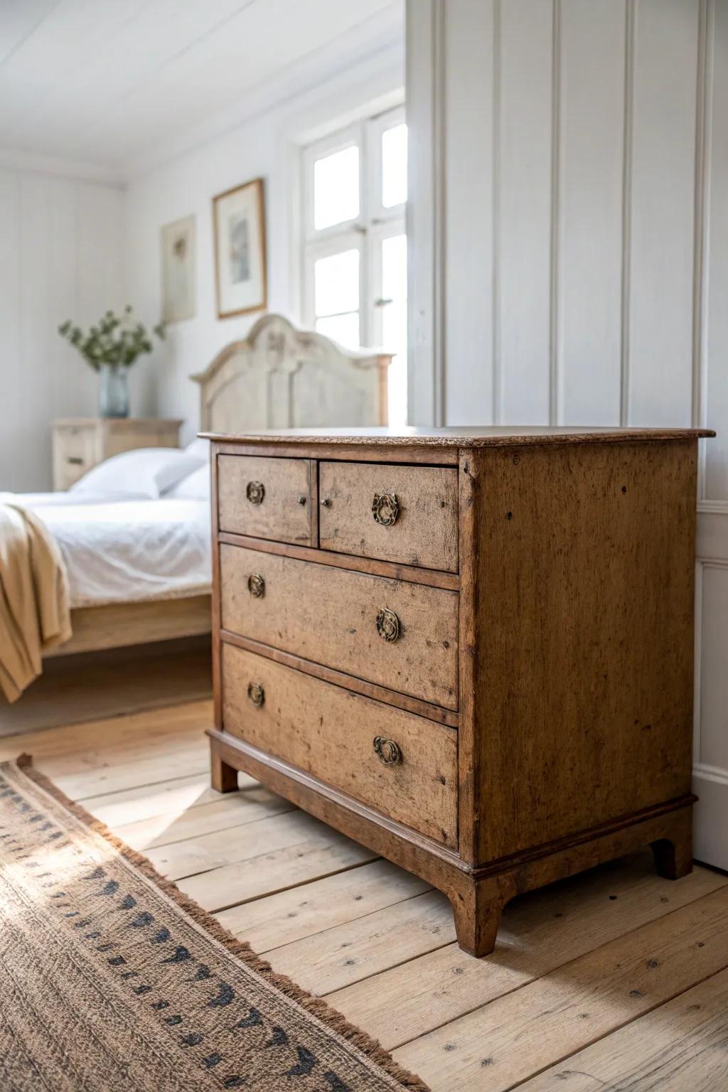 A vintage dresser at the foot of the bed adds character—patina, keyholes, and charm.