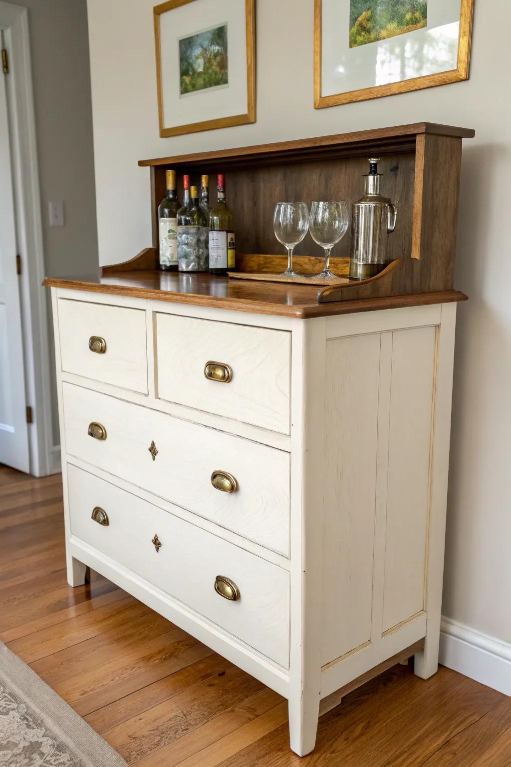 Classic farmhouse dresser bar: creamy paint + stained wood top for cozy contrast and grain.