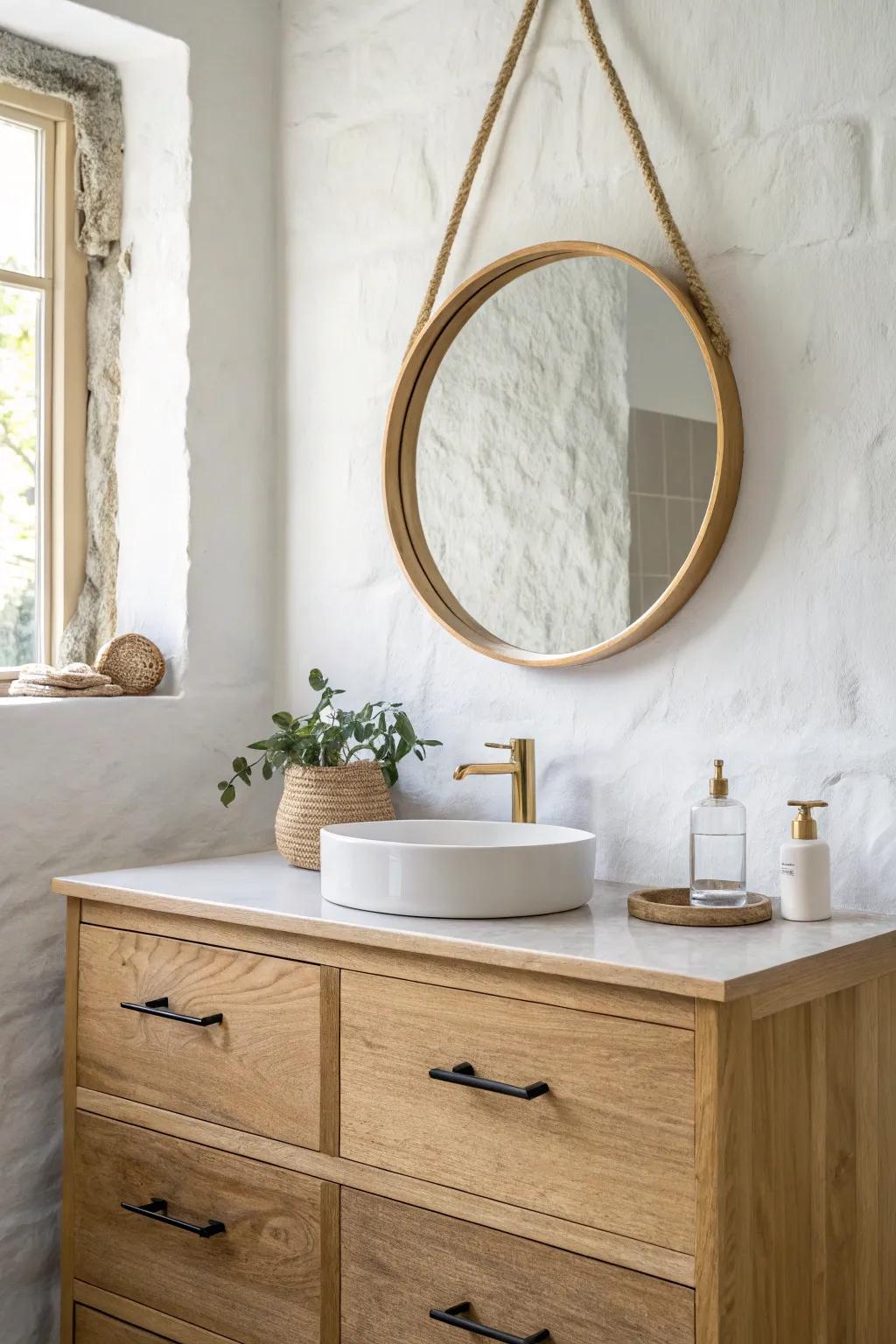 A vintage round mirror hung a touch higher makes a dresser vanity look instantly intentional.