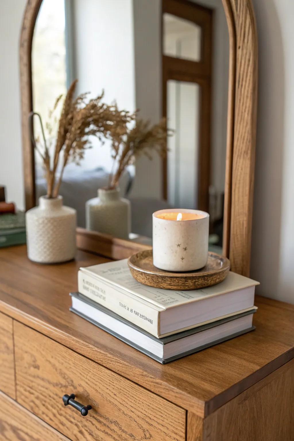 Stack thrifted hardcovers to lift a candle—instant height, balance, and mirror-worthy styling.