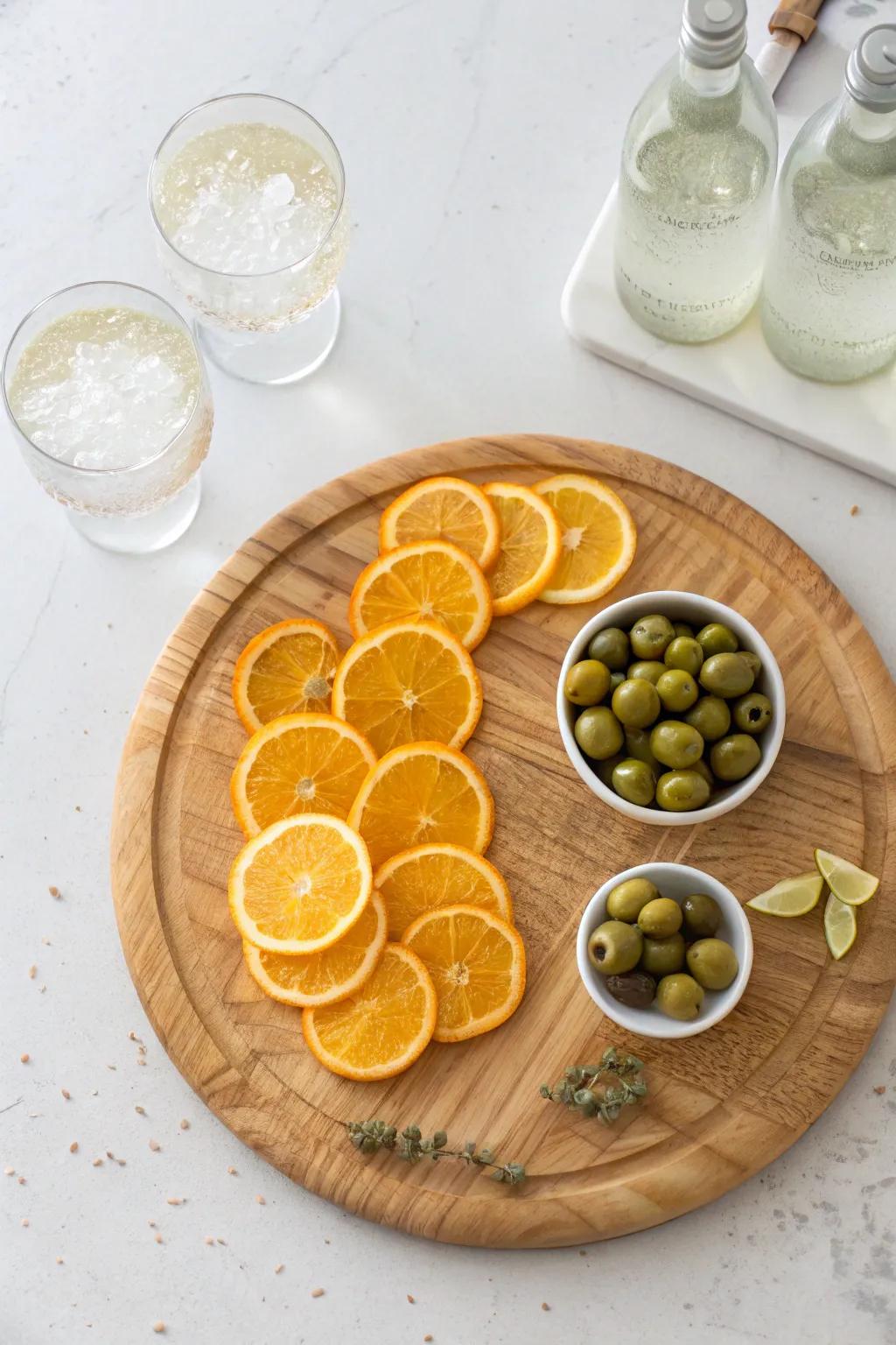 Spritz & Citrus drink board: round wood, sparkling sips, bright oranges, salty olives.