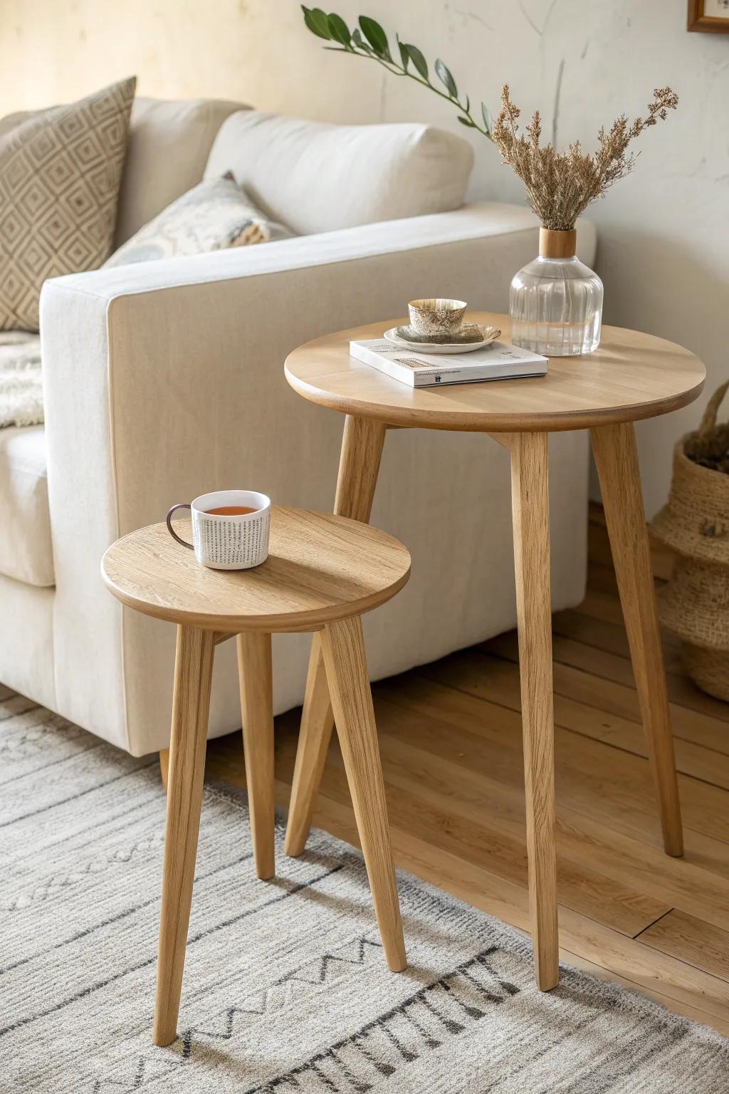 Tiny nesting drink tables in pale birch—pull out the second when friends drop by.