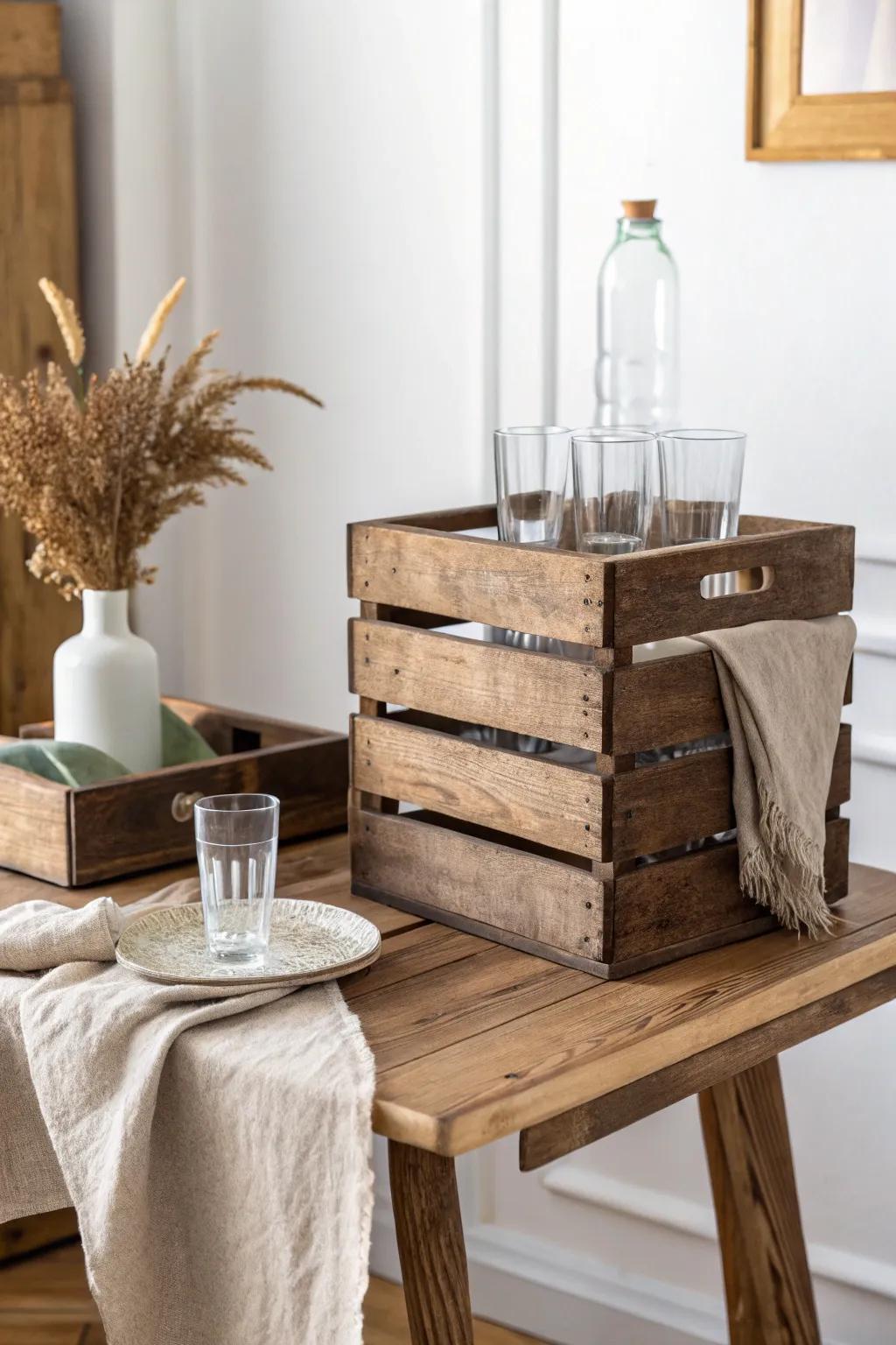 Stacked stained crates add height and charm—cups on top, extras tucked below.