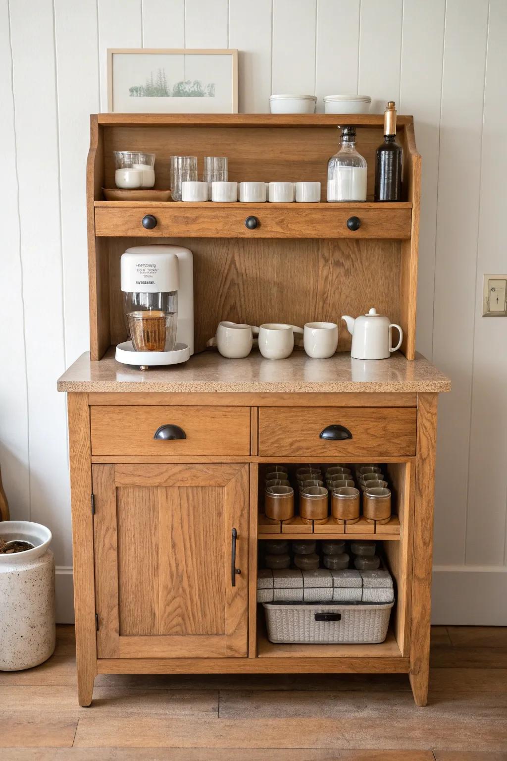 Dry sink coffee bar with built-in mug storage—simple, warm wood styling with boho calm.