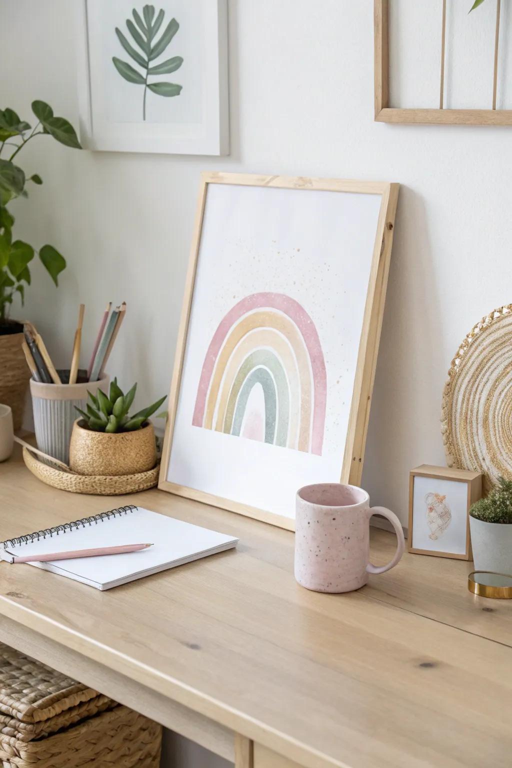 A touch of whimsy and luck for your workspace with a handcrafted pot of gold at the rainbow's end.