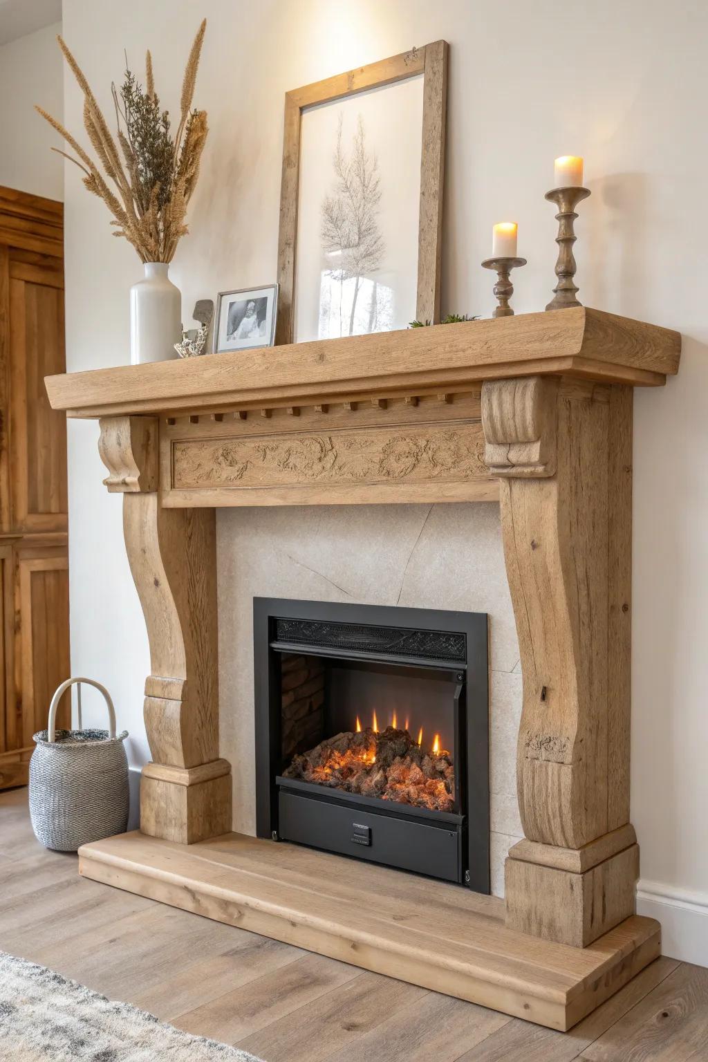 Chunky wooden corbels add old-house charm to a clean electric fireplace mantel.