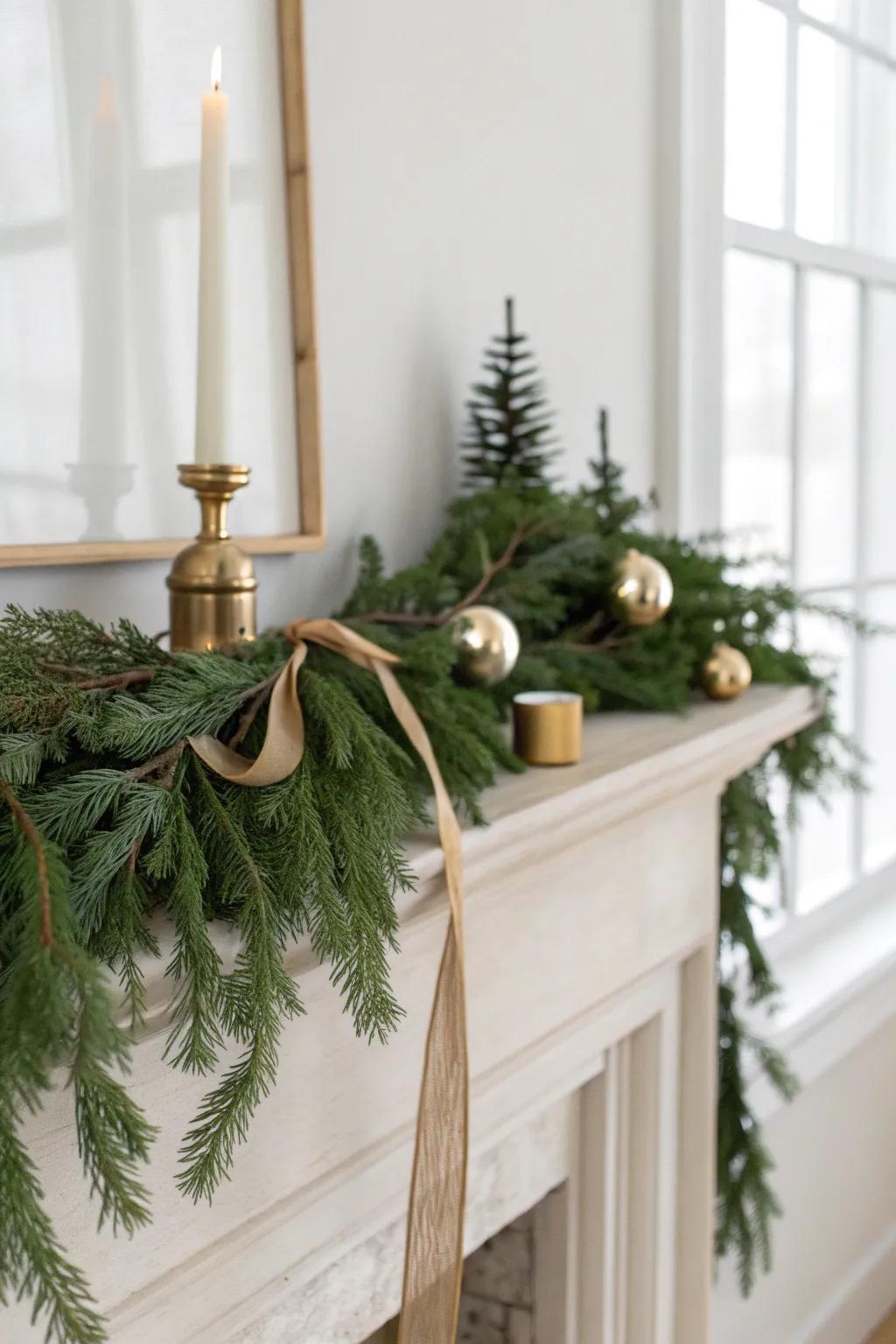 Deep green garland on oak with three brushed-gold accents—minimal, elegant Christmas mantel.