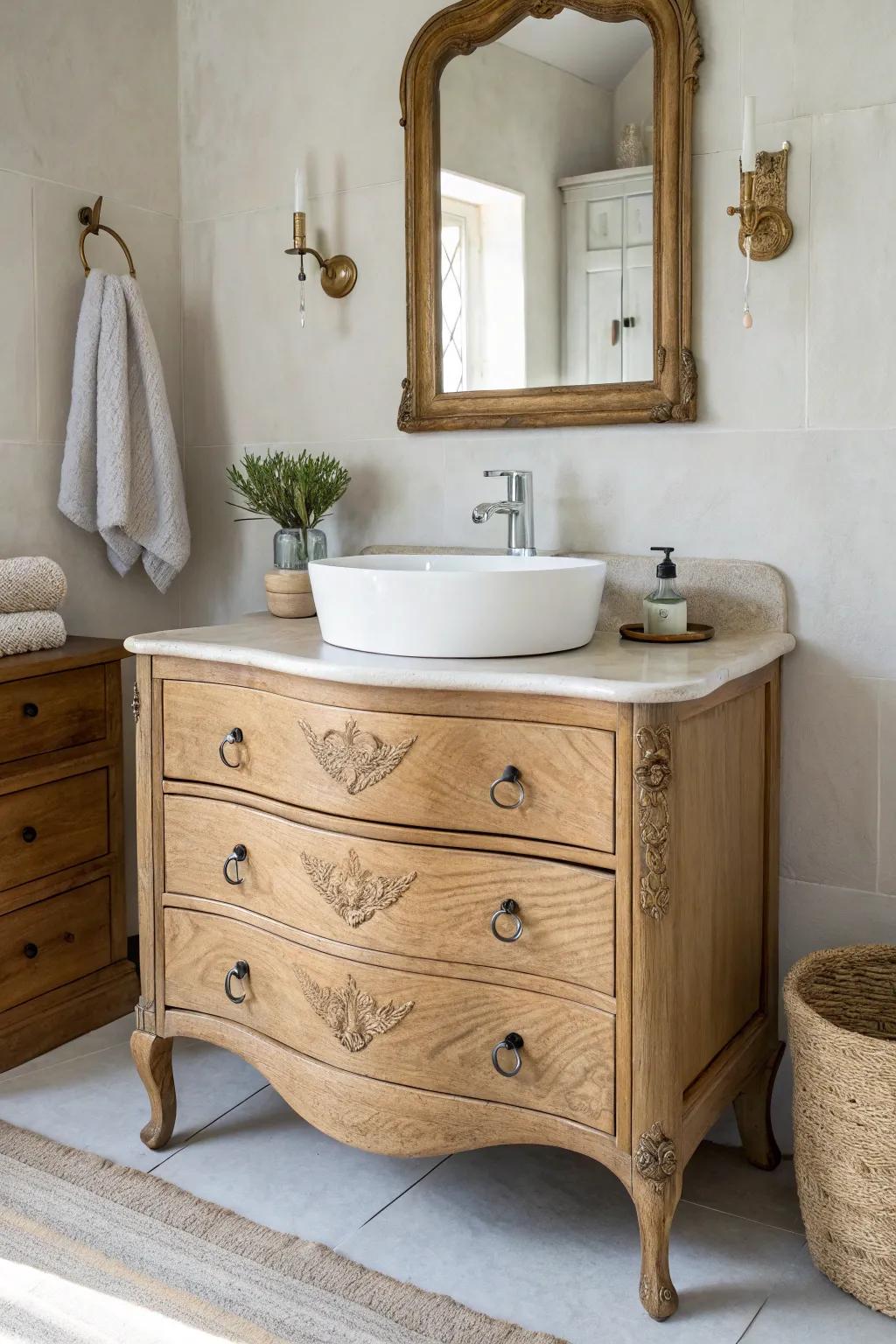 A curved, dresser-style vanity in warm oak—French country charm with clean Scandinavian calm.