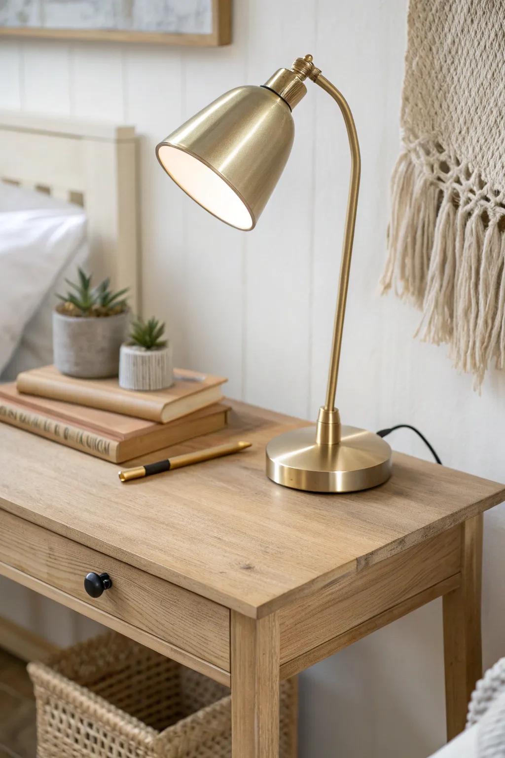 Choose one metal finish—brushed brass details instantly make your office feel cohesive.