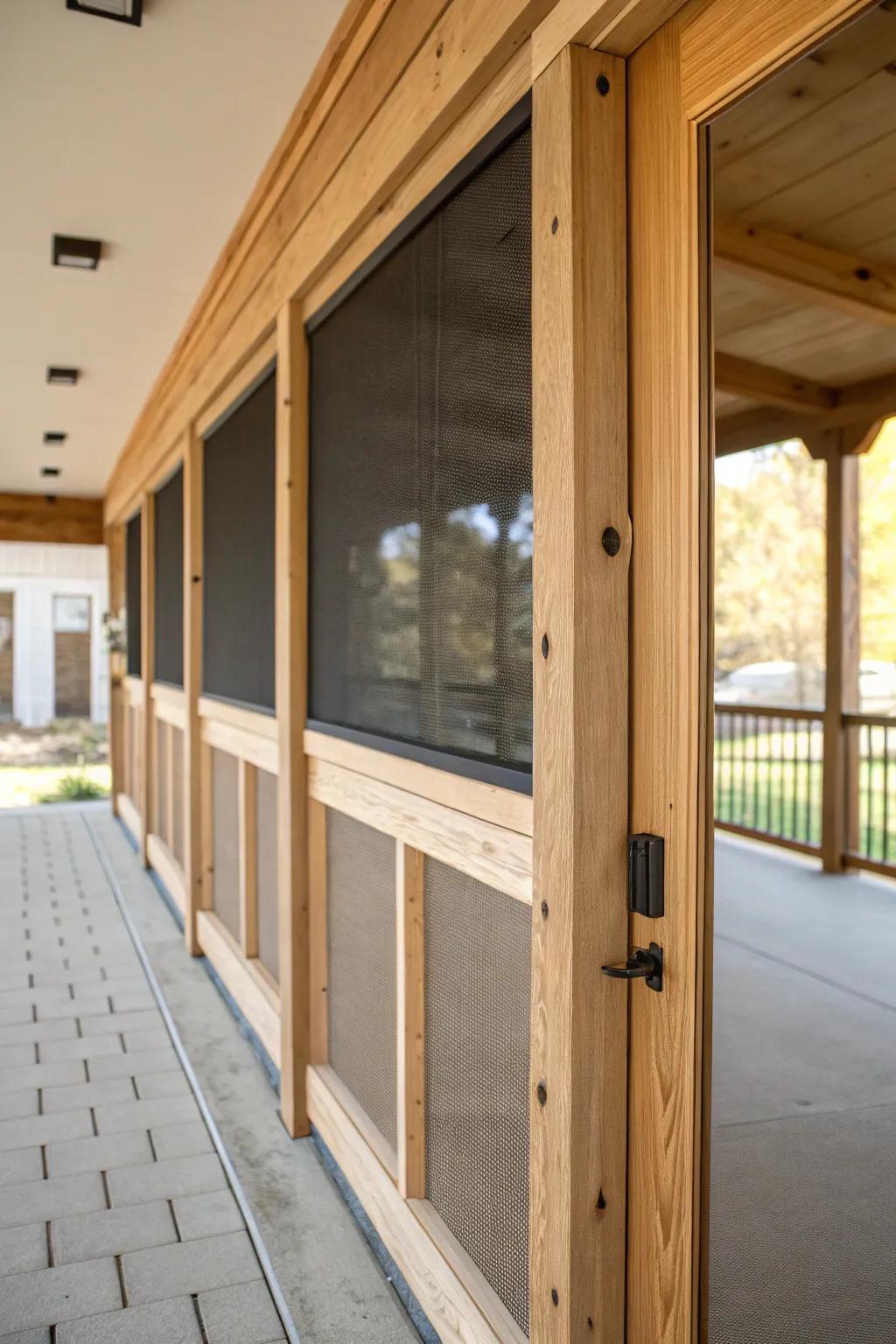 A breezy screened-in walkway panel—warm wood, clean lines, and bug-free summer trips.