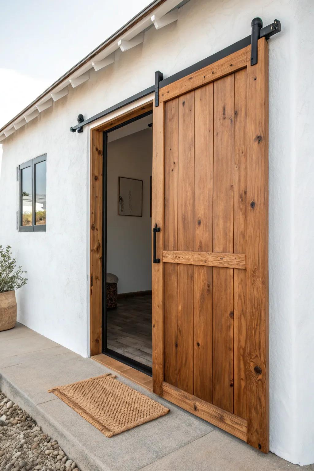 Reclaimed-wood sliding barn door: space-saving charm that warms up an enclosed carport.