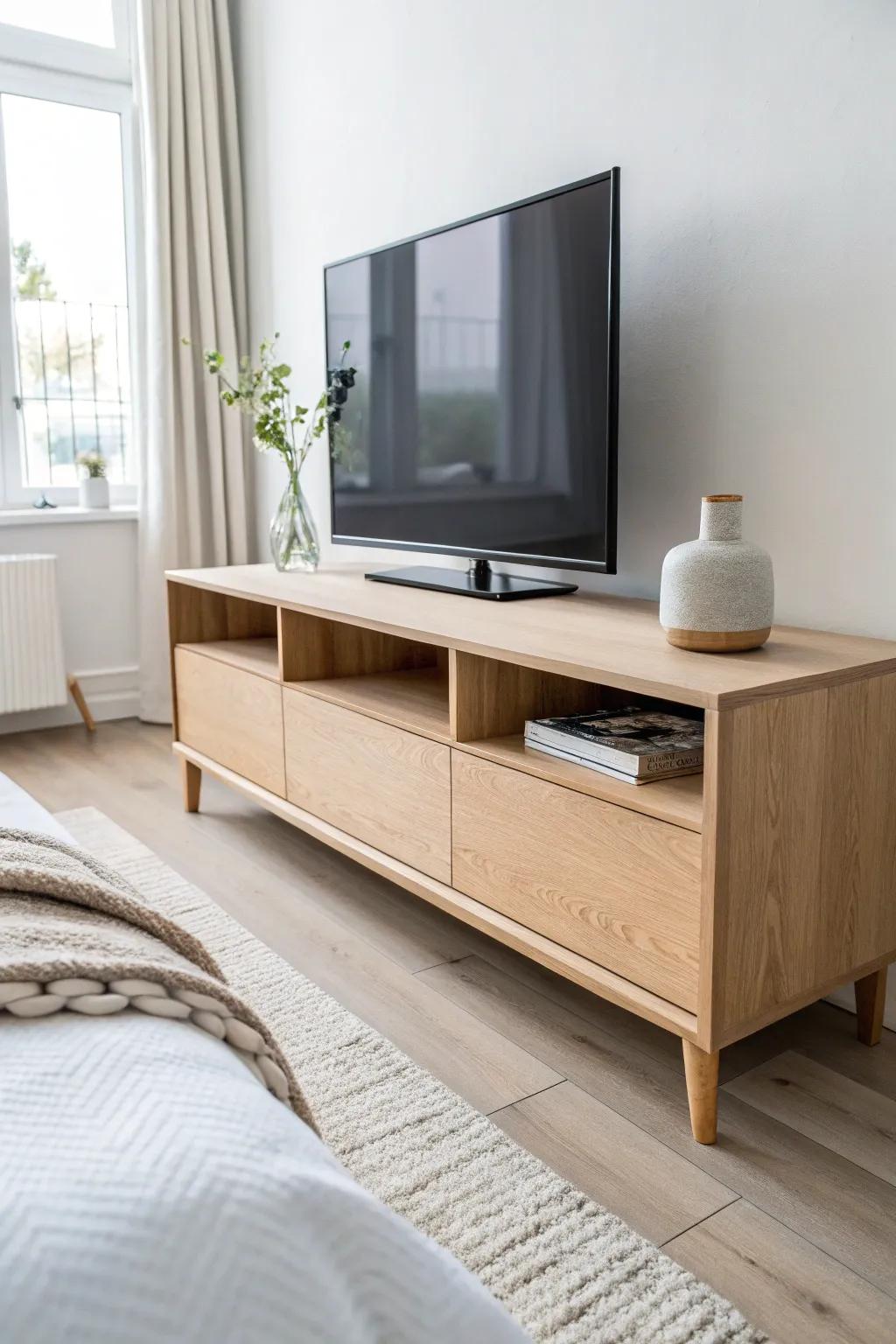 A sleek plywood box TV stand that keeps the end of the bed calm, modern, and uncluttered.
