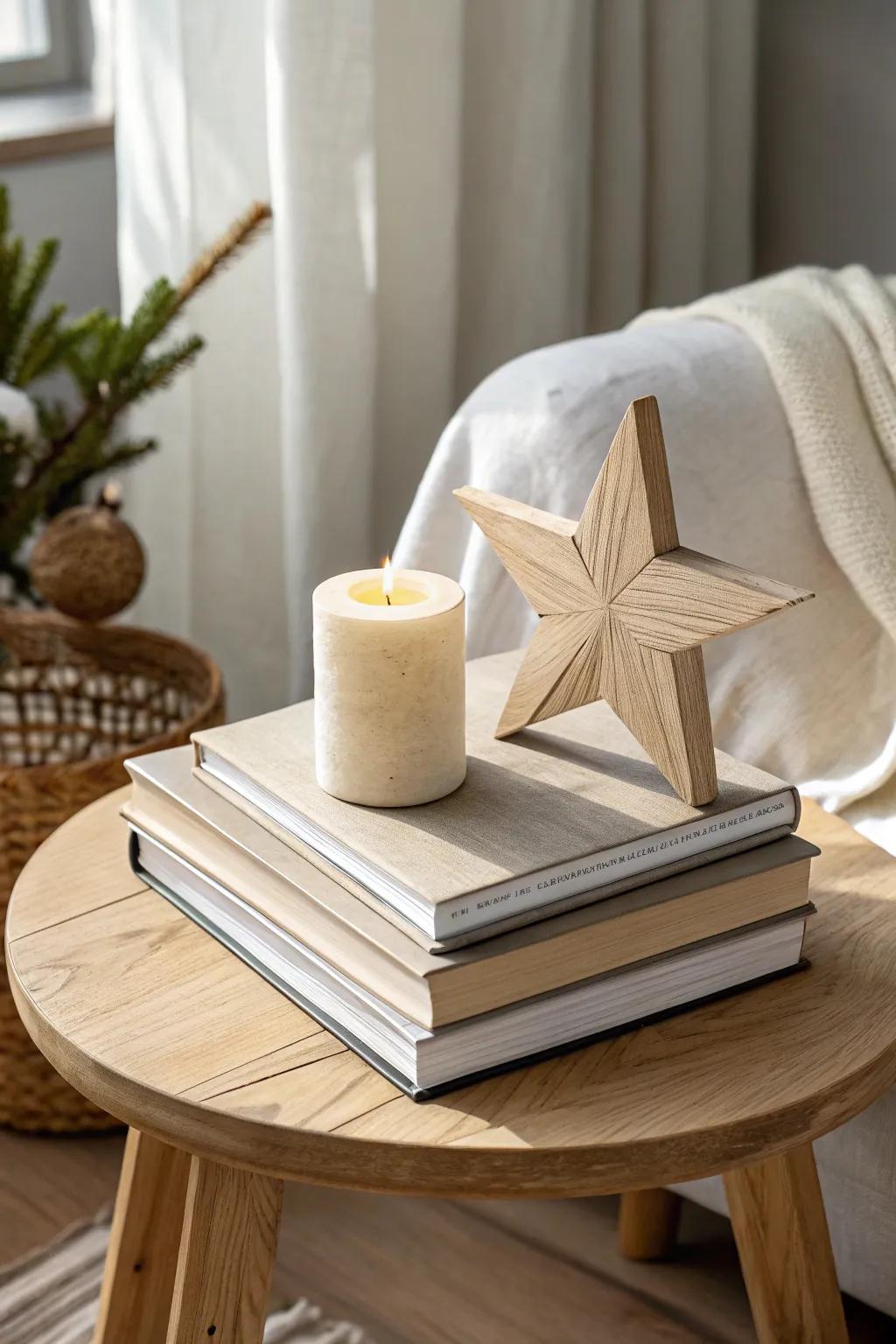 Stacked books, a soft candle glow, and a wood star—easy height and instant cozy style.