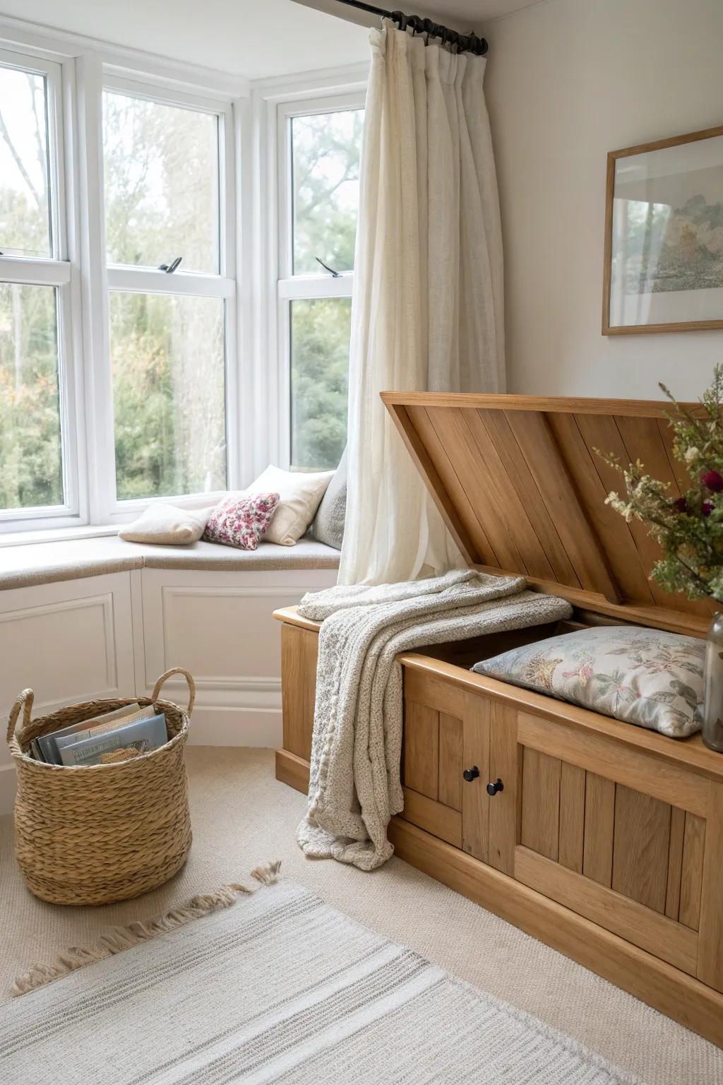 A cozy cottage bay window seat with hidden storage—crafted wood, soft florals, and calm light.