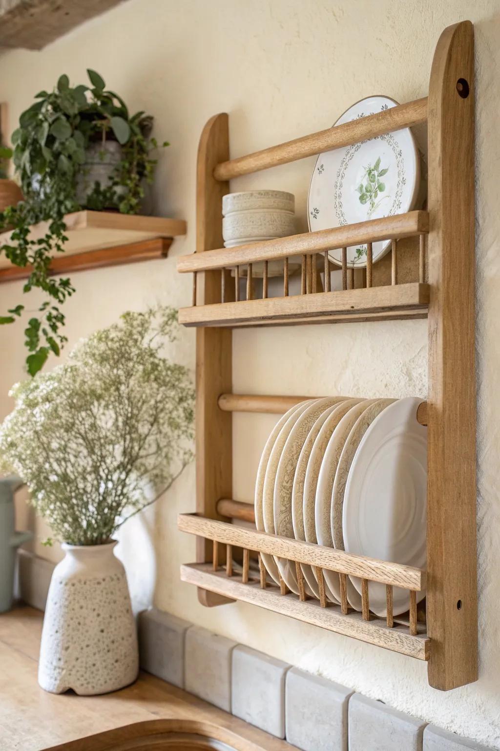 A DIY wooden plate rack that adds instant English cottage charm—simple, warm, and timeless.