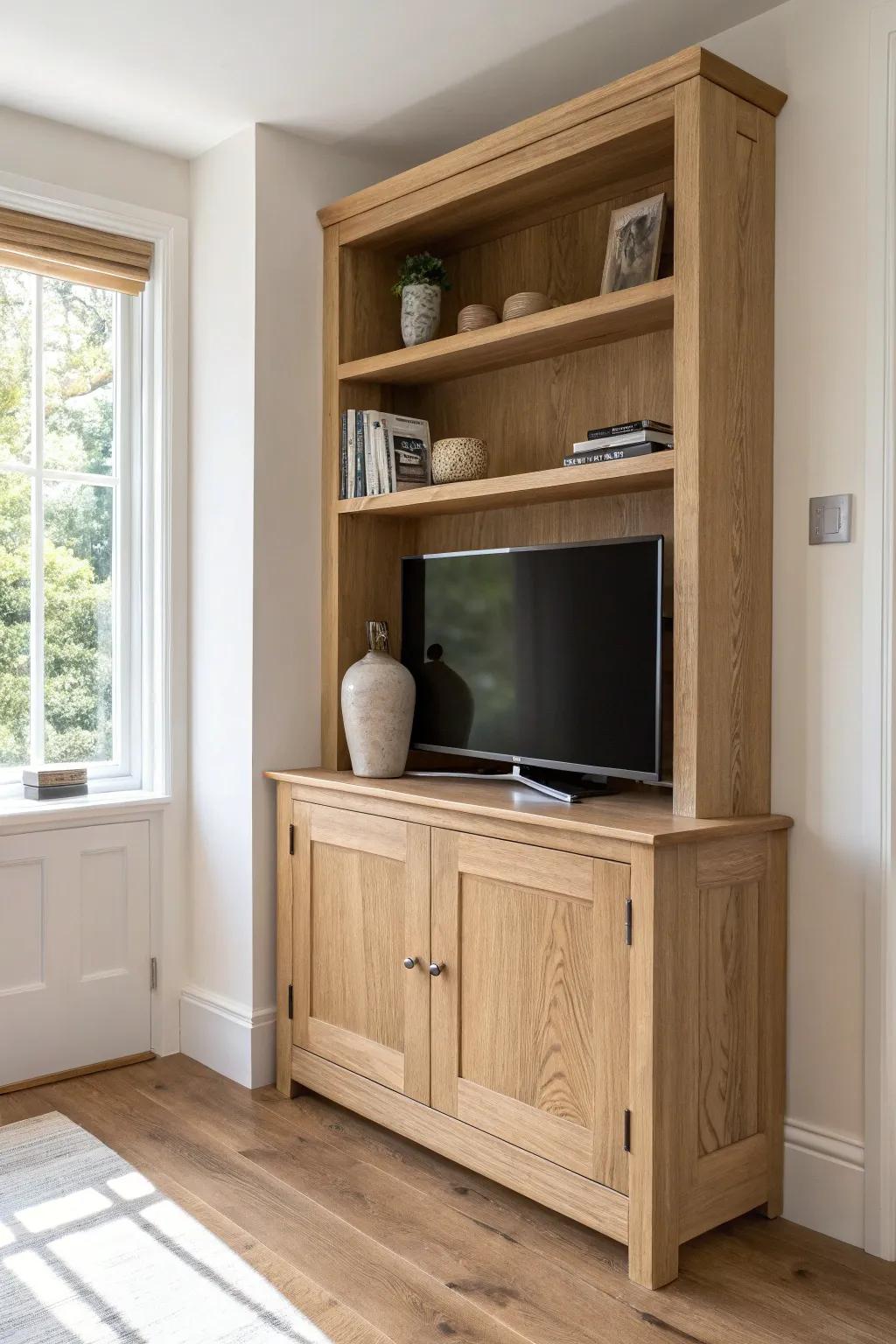 Turn an awkward nook into a custom oak built-in media cabinet that makes the whole wall feel designed.