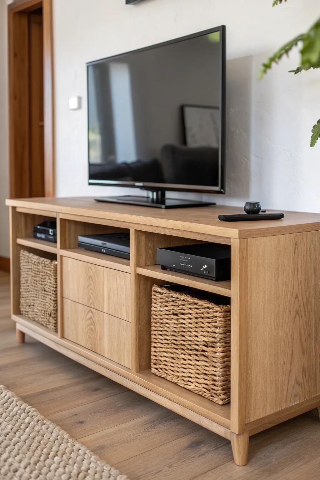 Low oak cabinet with open bays—minimal storage that keeps wall‑mounted TV setups serene.