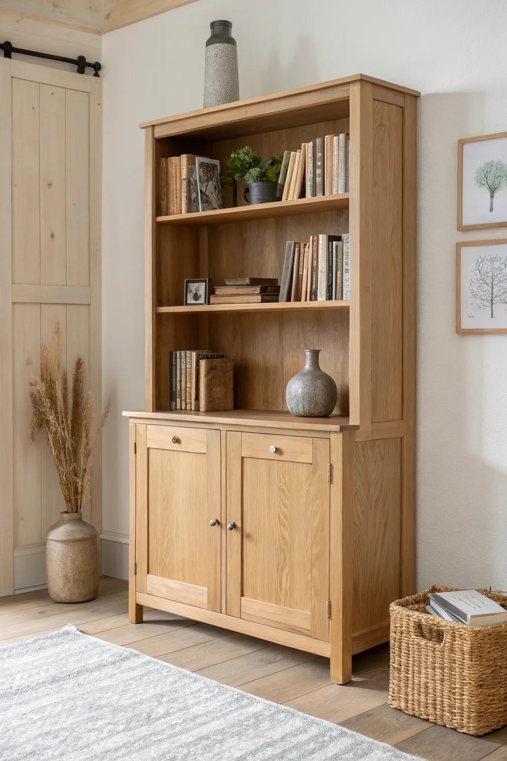 Calm entryway bookcase: closed cabinets hide clutter, open shelves keep it airy.