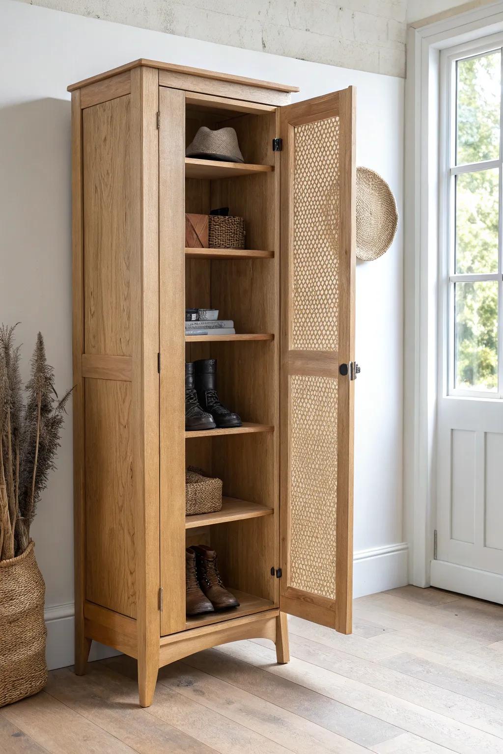 Tall oak entryway cabinet with interior hooks and boot shelves—minimal, warm, and practical.