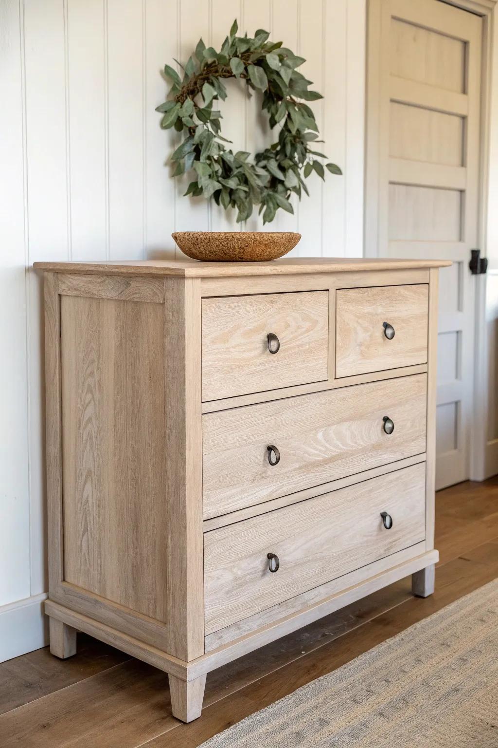 Lightly distressed entryway chest with wreath, crock vase, and worn books—cozy farmhouse charm.