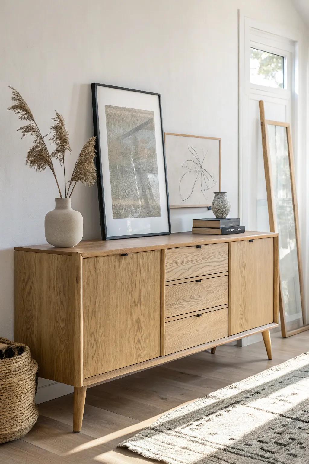 Layer two leaning frames on a sleek oak sideboard for depth—stylish, hole-free, and calm.