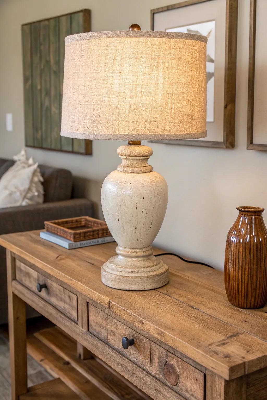 Neutral linen lamp on a chunky rustic wood console—calm, cozy contrast for an entryway.
