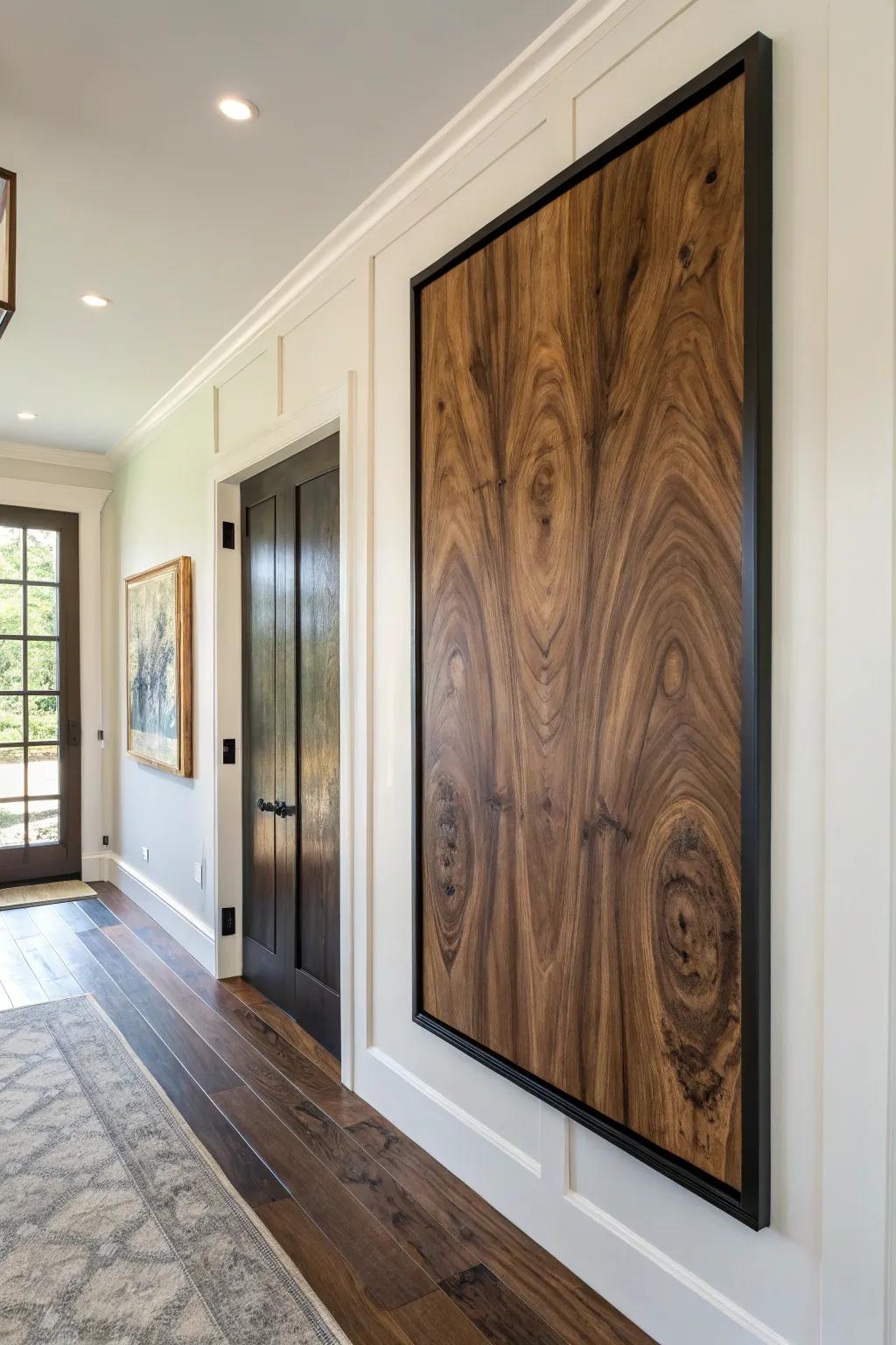 One oversized wood-grain panel turns a simple entryway wall into effortless statement art.