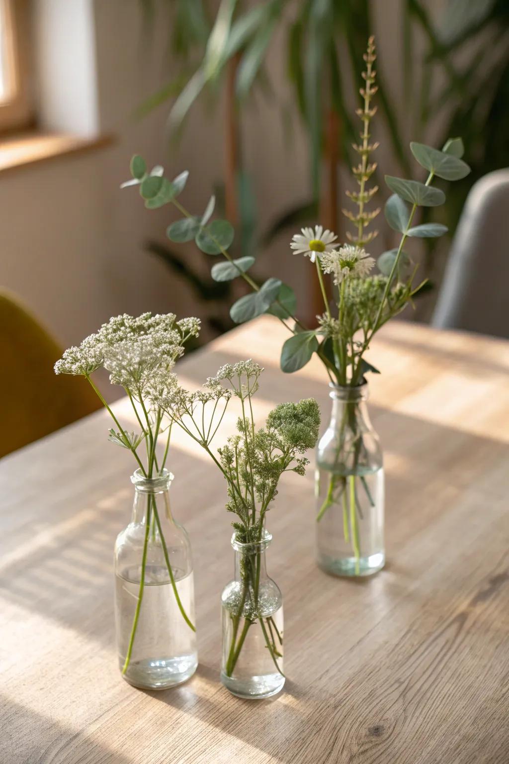 Three tiny bud vases, a few wild stems—an effortless, airy centerpiece with Scandinavian calm.