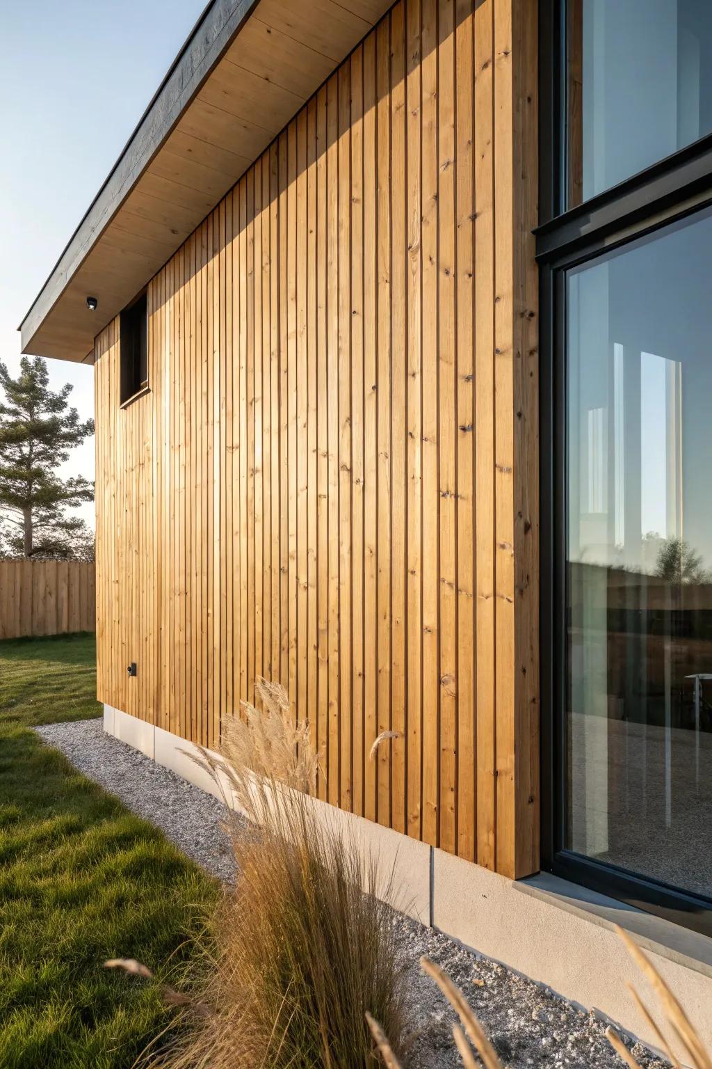 Clear-finished natural wood cladding that lets the grain shine—warm, modern, and timeless.