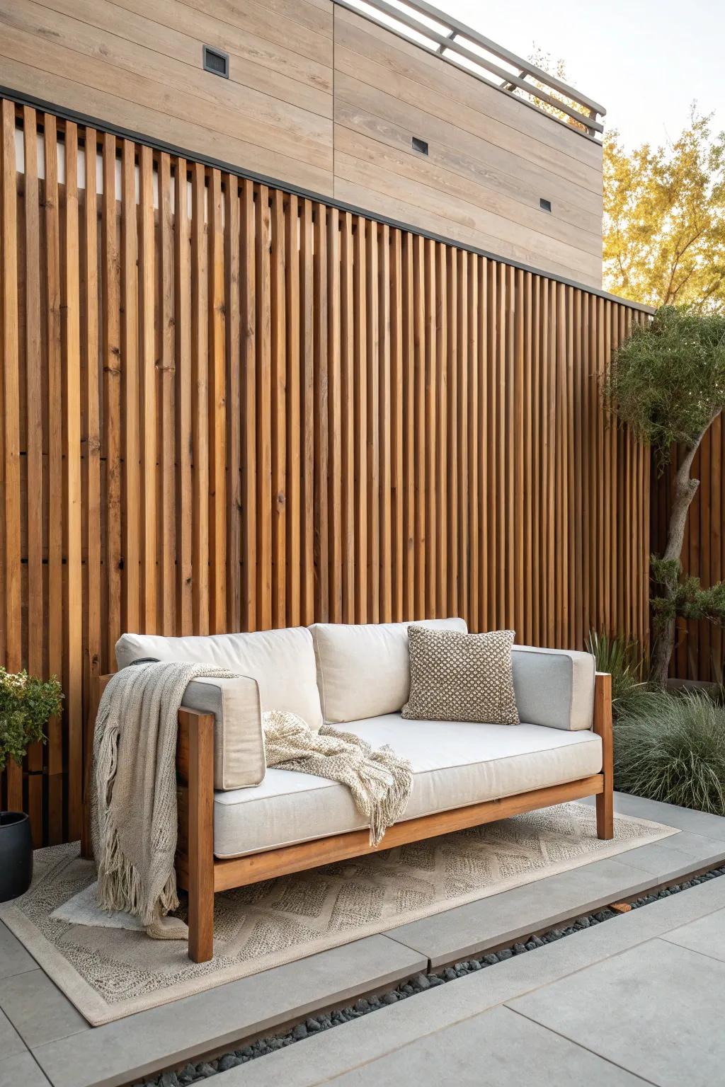 A warm wood slat wall turns a simple patio sofa into a cozy outdoor living room.