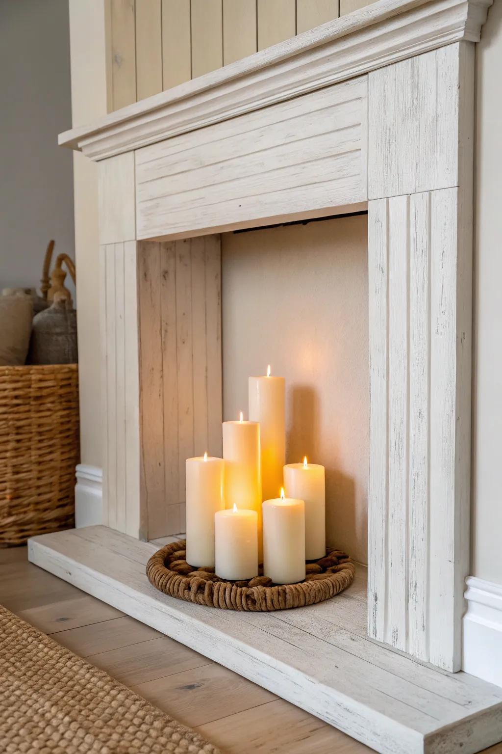 Layered LED pillar candles create a cozy firelight glow—clean, safe, and beautifully minimal.