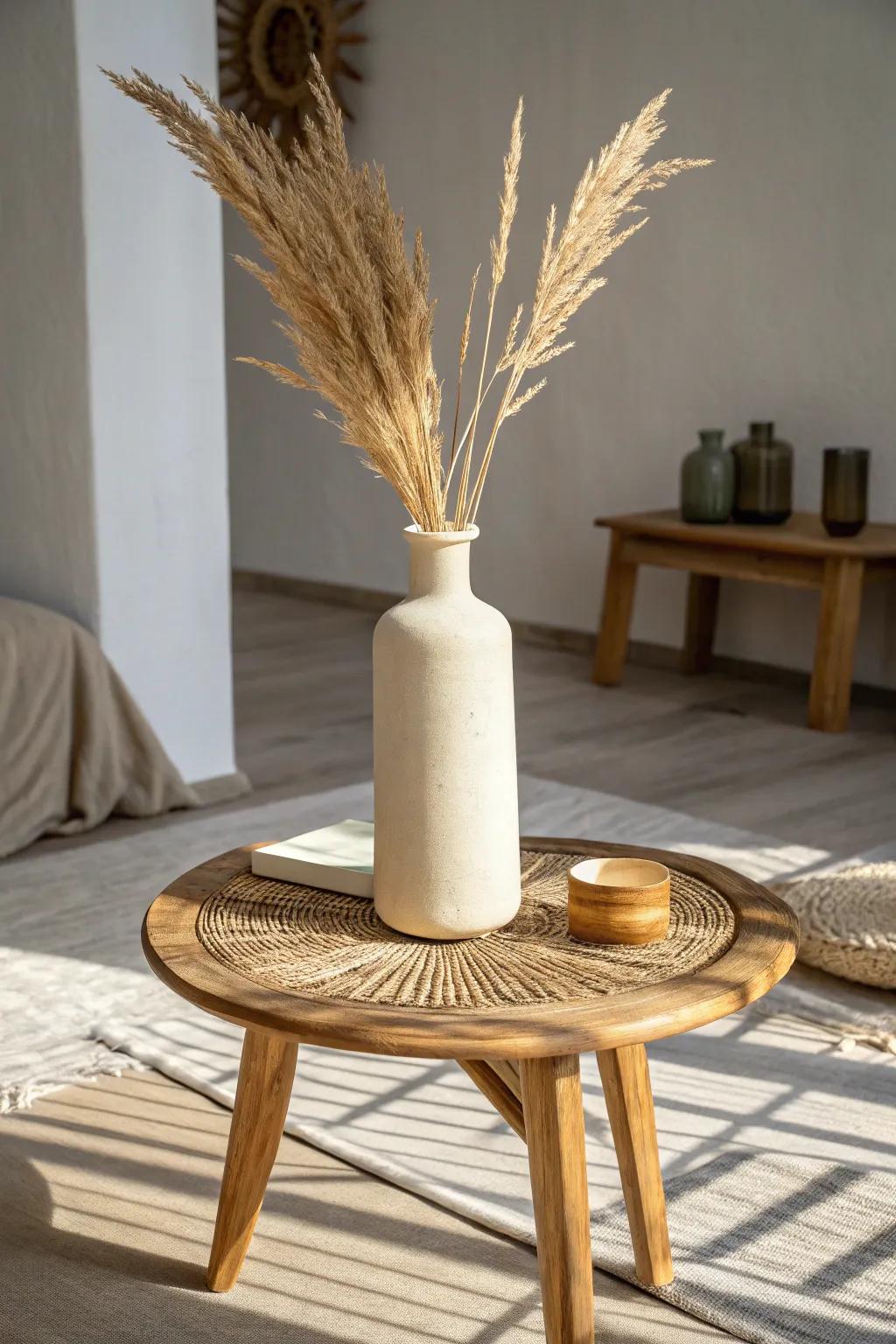 Tall wheat stems in a simple vase bring airy fall height with calm, golden Scandinavian vibes.