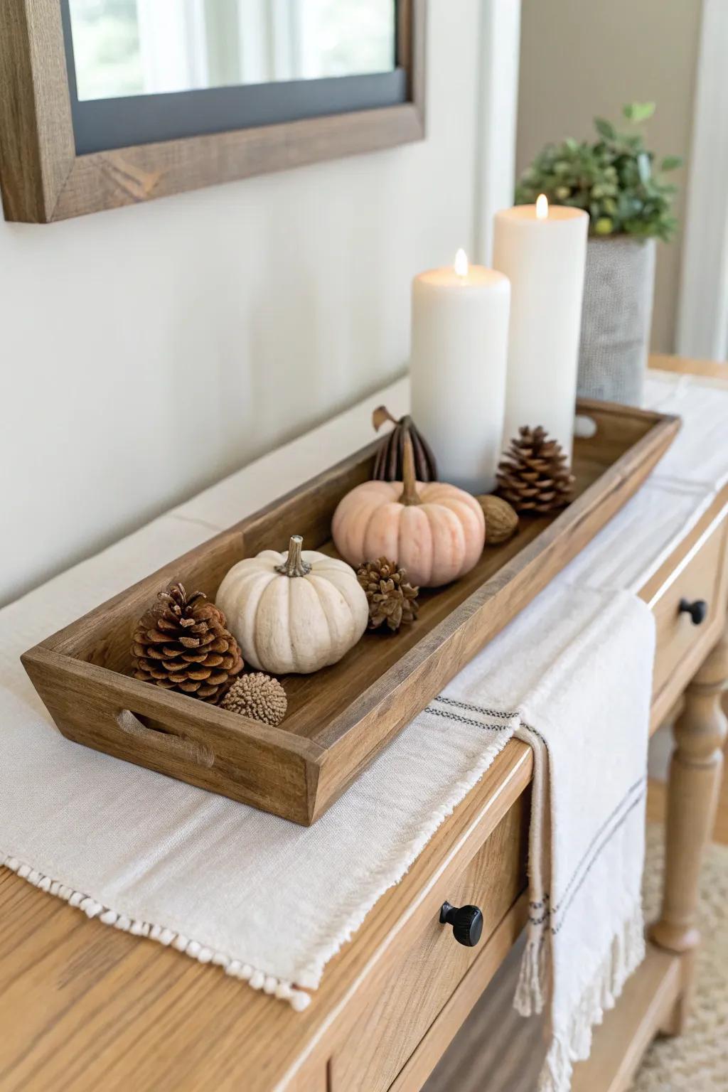 A tidy fall harvest tray—mini pumpkins, pine cones, and candlelight on warm oak.