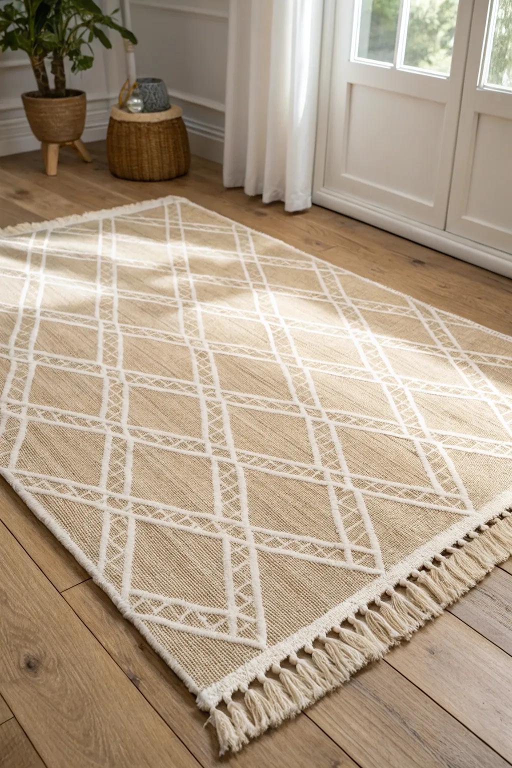 A flat-weave rug in soft neutrals defines the dining zone—easy to vacuum and beautifully calm.