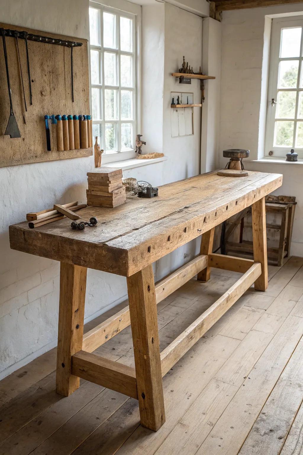 A long reclaimed-wood workbench run—farm-shop classic, made for plans, clamps, and character.