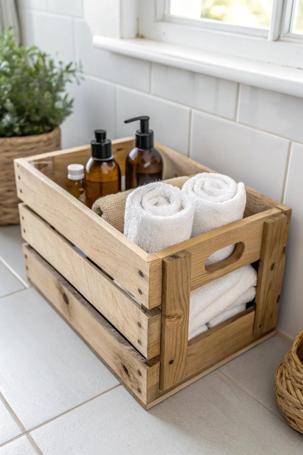 Budget farmhouse storage: a simple wooden crate keeps towels and toiletries tidy in style.