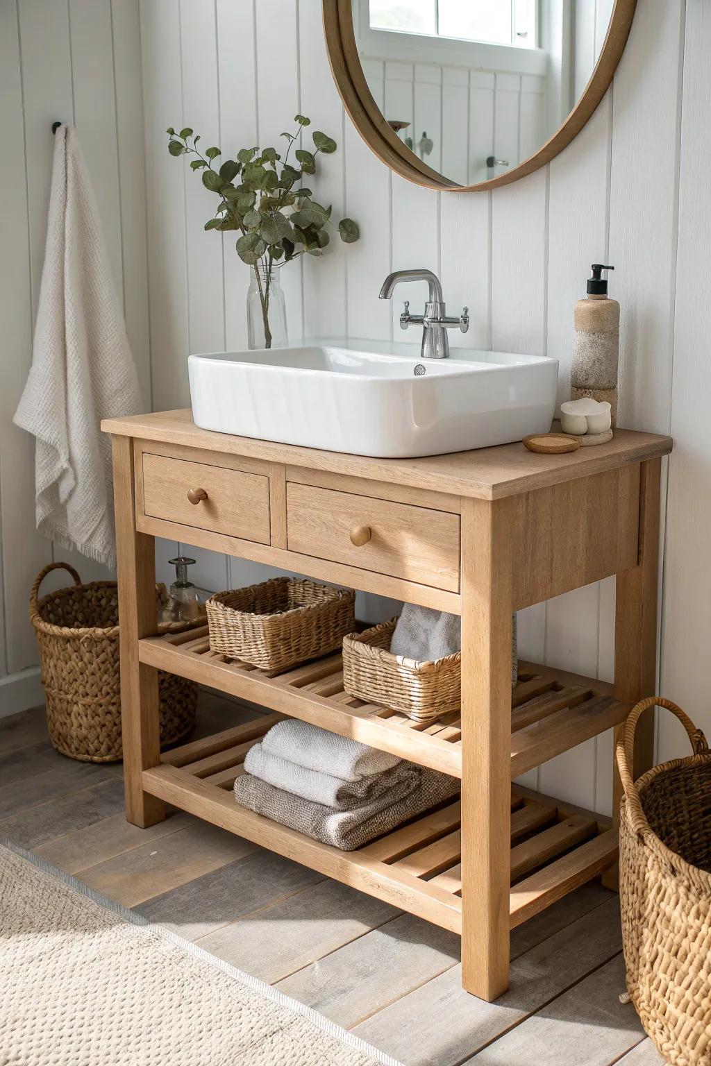 Airy farmhouse vanity with open shelf, woven baskets, and exposed brass plumbing—clean and cozy.