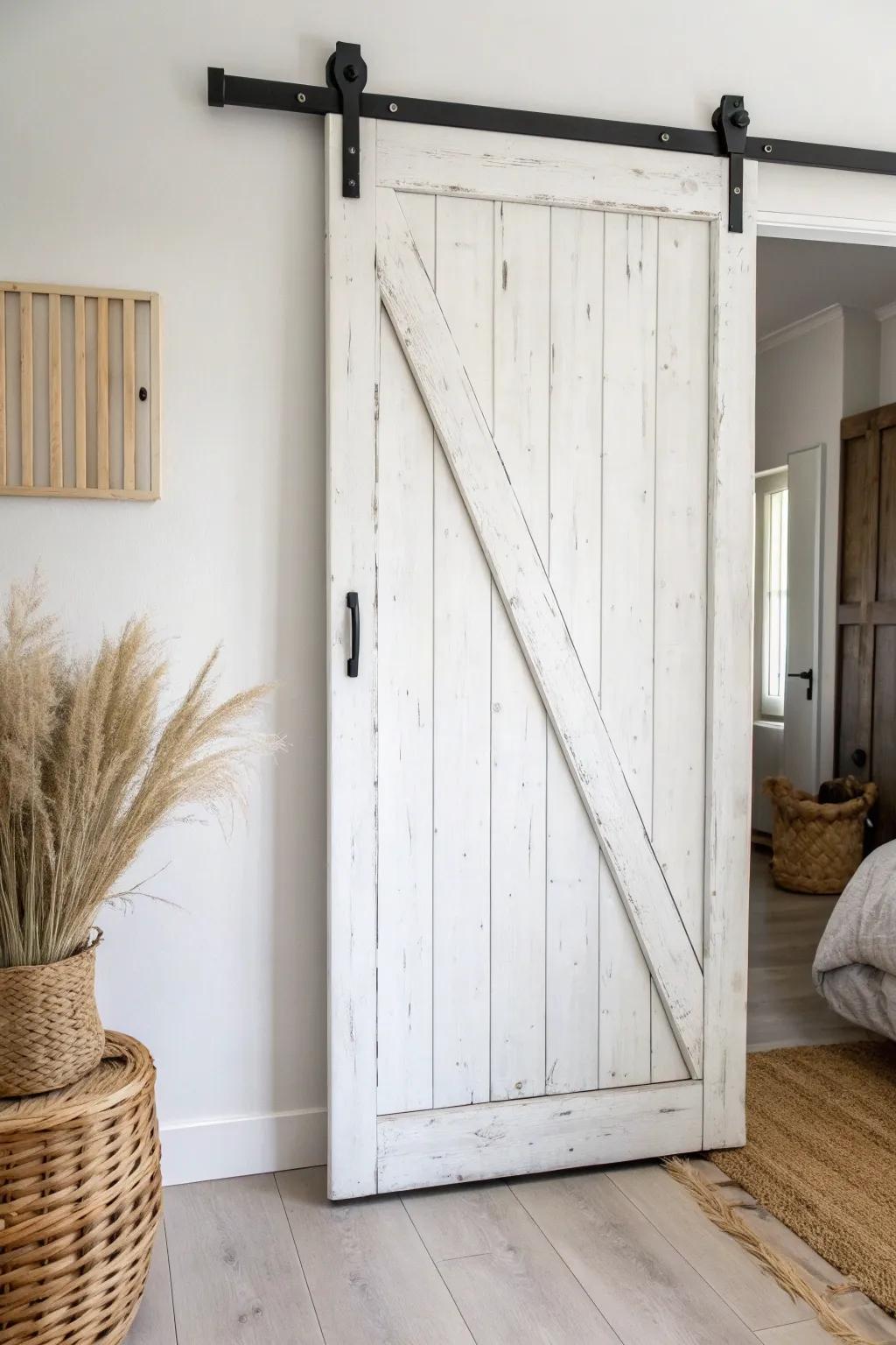 White painted barn closet door—airy, cozy farmhouse texture with clean Scandinavian contrast.