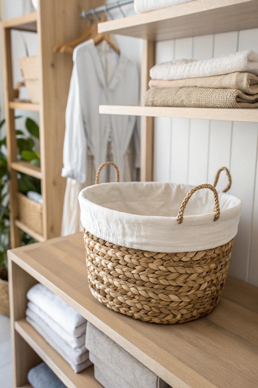 A woven basket on an upper shelf keeps scarves and extras tucked away—rustic, calm, clutter-free.